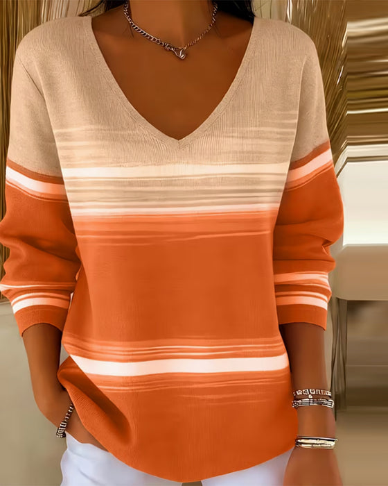 Pullover Gradient Stribe V-Hals Lang Ærme