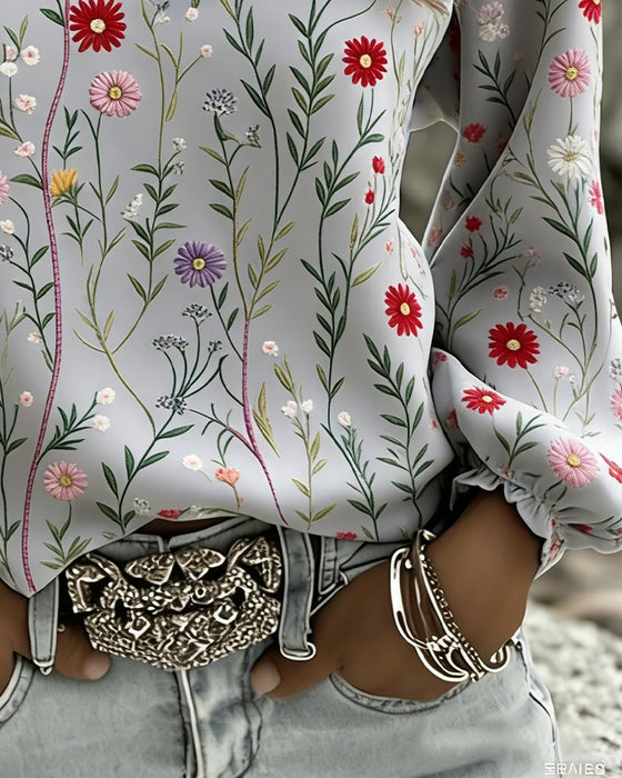 Bluse Blomstertryk Boble Ærme V-Hals