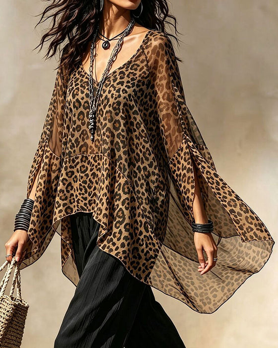 Bluse V-Hals Leopard Uregelmæssig