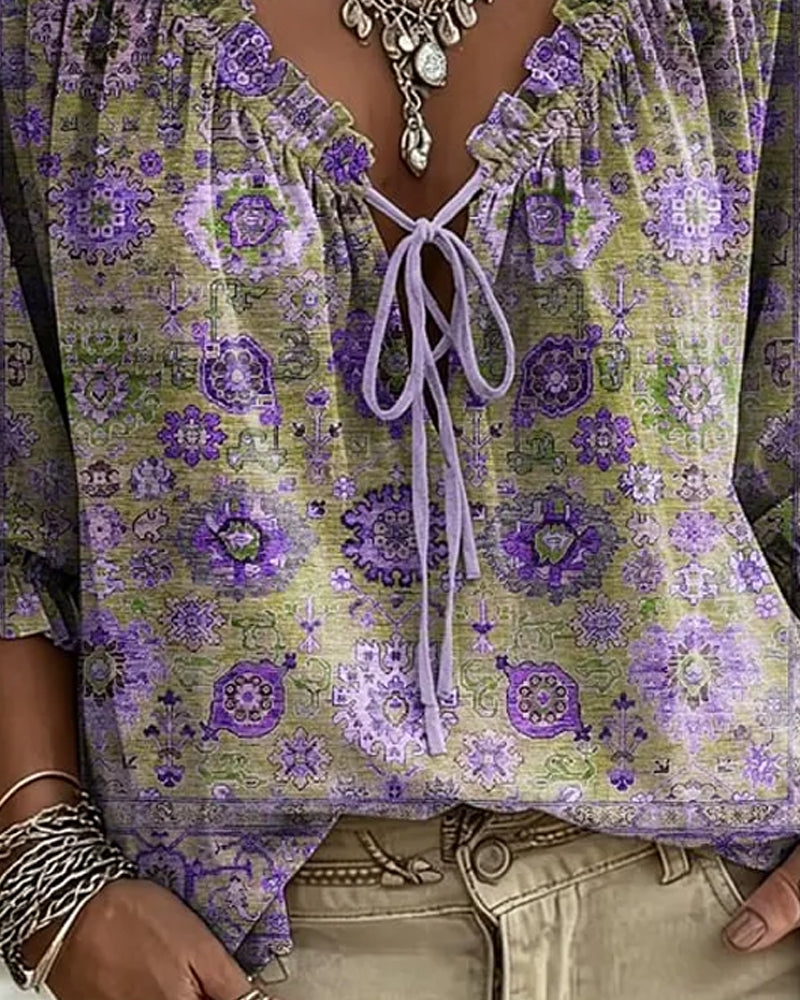 Bluse V-Hals Bindebånd Vintage Tryk