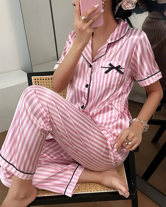 Pyjamasset Stribet Skjortekrave Sløjfe