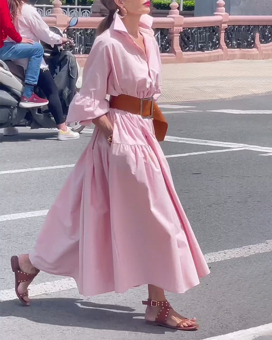 Lyserød maxikjole med flæser og skjortekrave