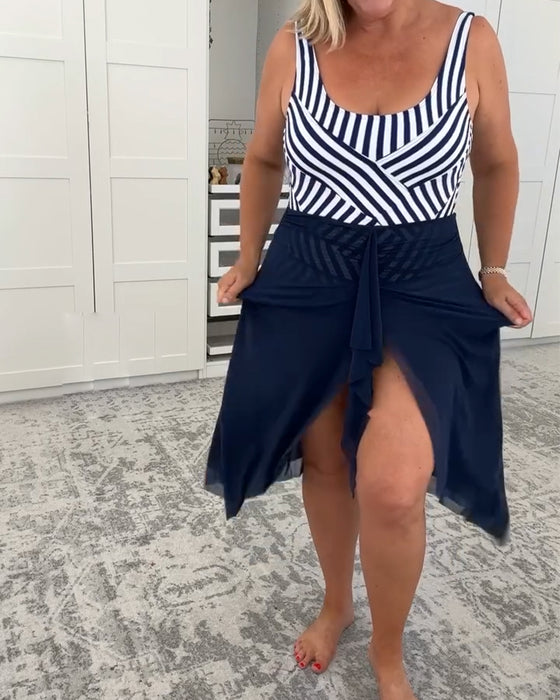 Sæt U-udskæring Stribet Én-dels Badetøj