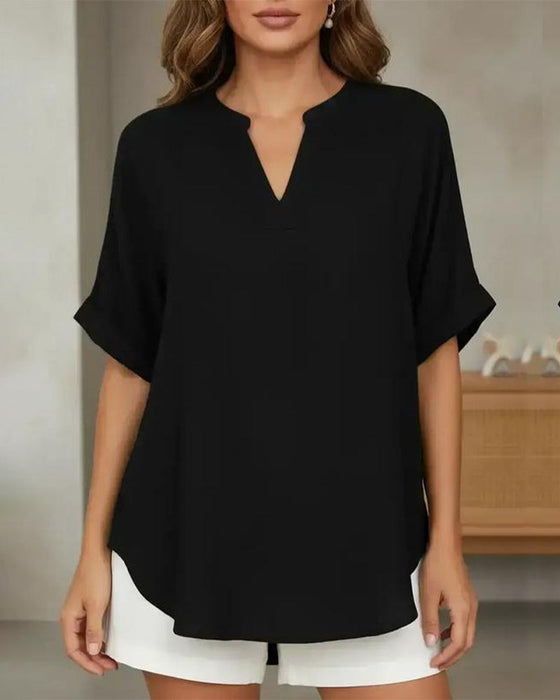 Bluse Løs Enfarvet Kvindelig Casual