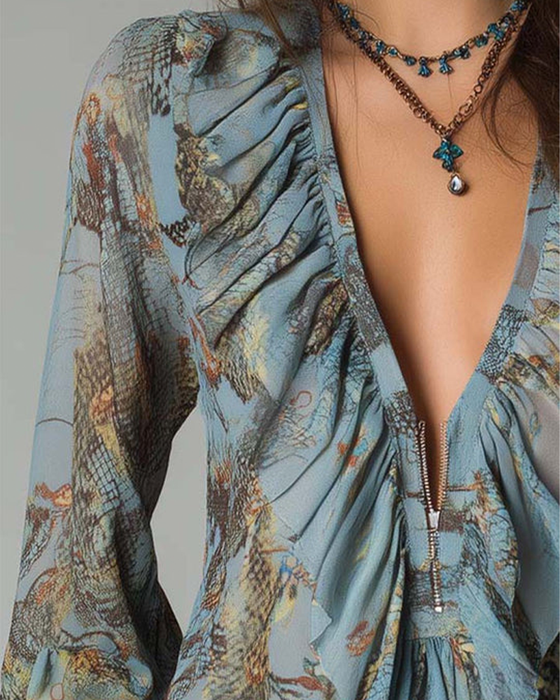 Bluse Dyb V Rynke Tryk Elegant