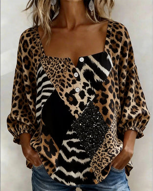 Bluse Firkantet Hals Leopardprint Patchwork Paljet