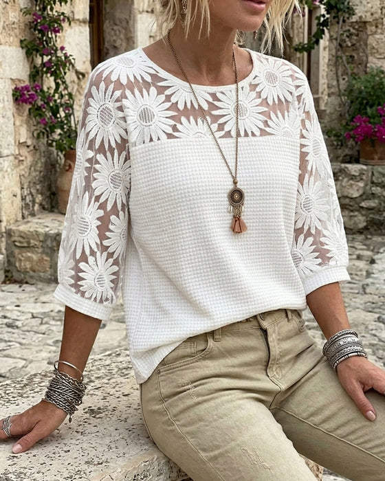 T-Shirt Rund Hals Knipling Vaffel Patchwork