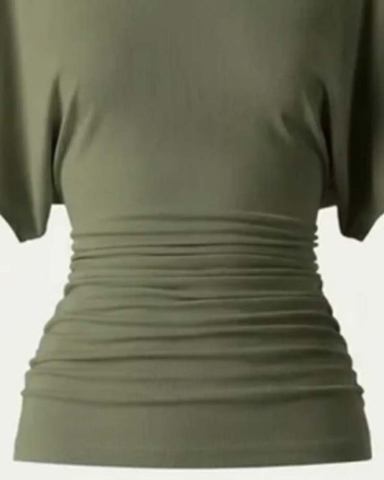 Bluse Casual Ensfarvet Plisseret Kort Ærme