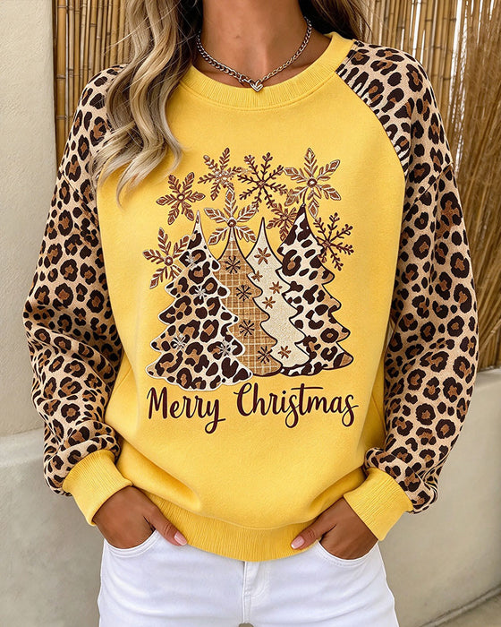 Sweatshirt Rund Hals Leopardmønster Juletræ Farveblok