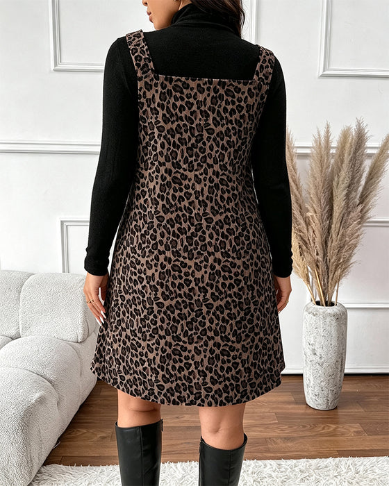 Sæt Turtleneck Slim Fit Leopardmønster Hængeskørt