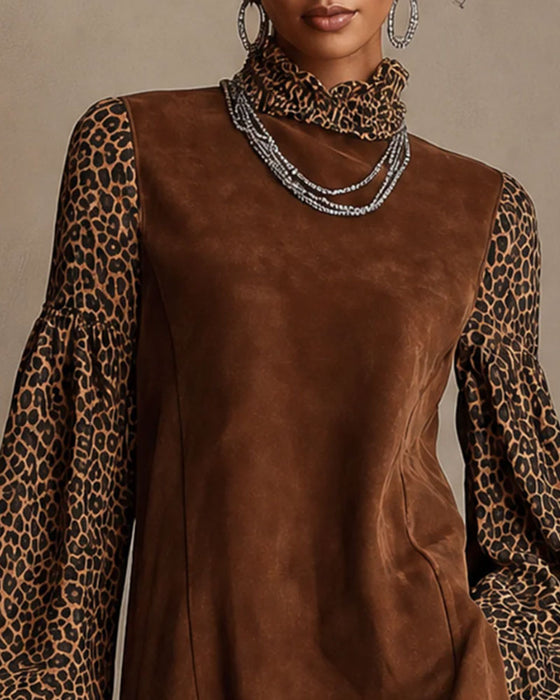 Kjole Leopard Tryk Lanterne Ærme Rynket Lige Mini