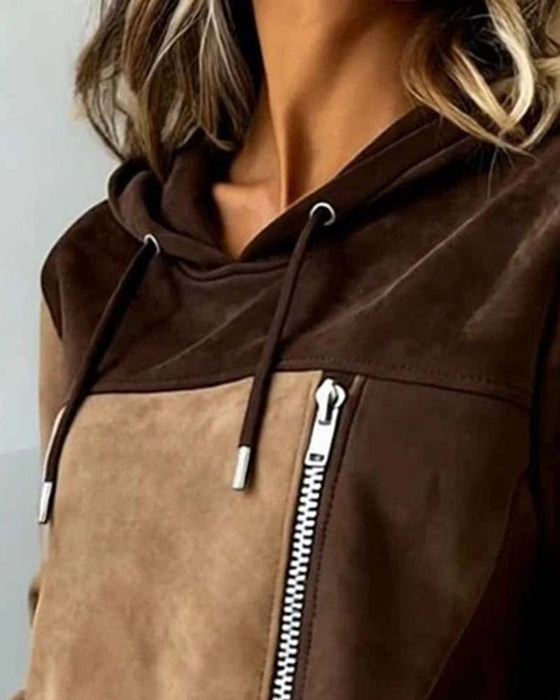 Hoodie Med Hætte Snor Kontrast Lynlås