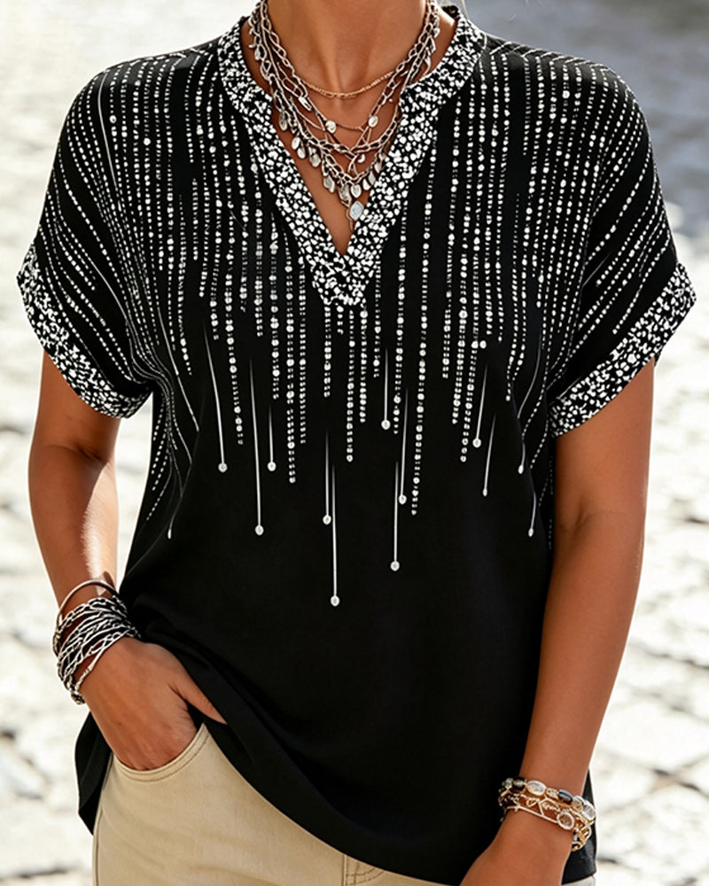 Bluse Off-Skulder V-Hals Tryk