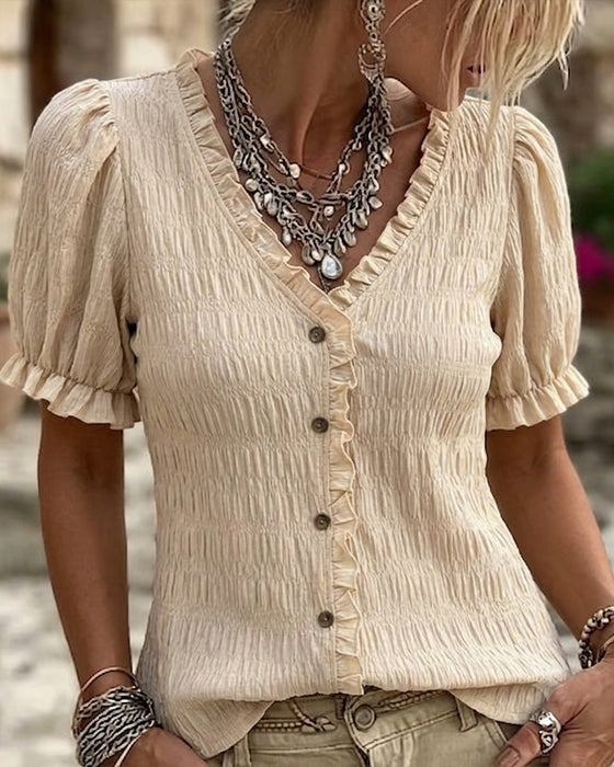Bluse Plisseret Ruffle V-Hals Boble Ærme