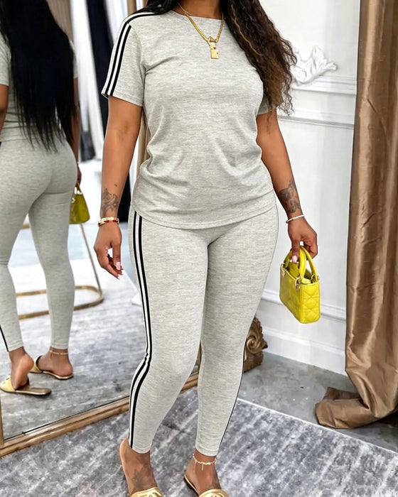 Sæt Stribet Kortærmet Lange Sweatpants