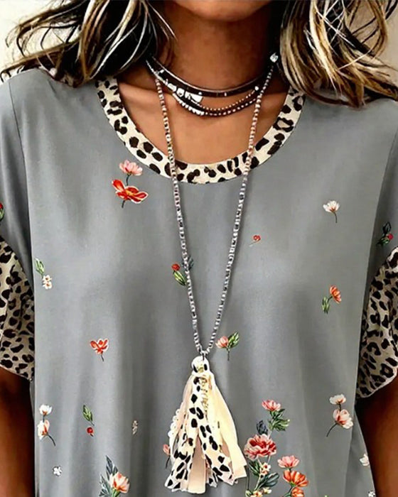 T-Shirt Leopard Patchwork Blomstret Tryk
