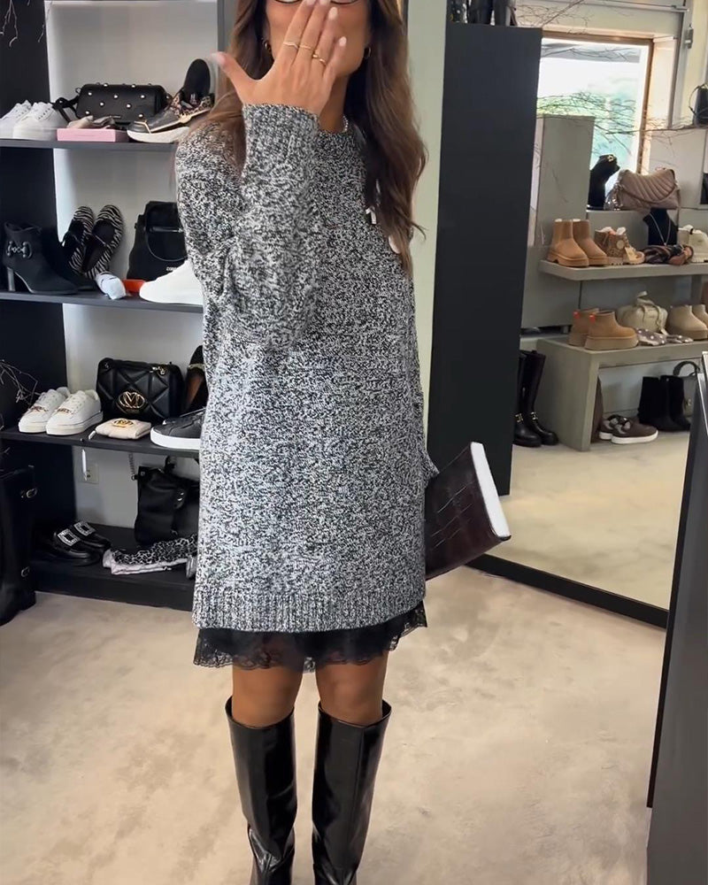 Ensfarvet Langærmet Sweaterkjole Med Lappearbejde