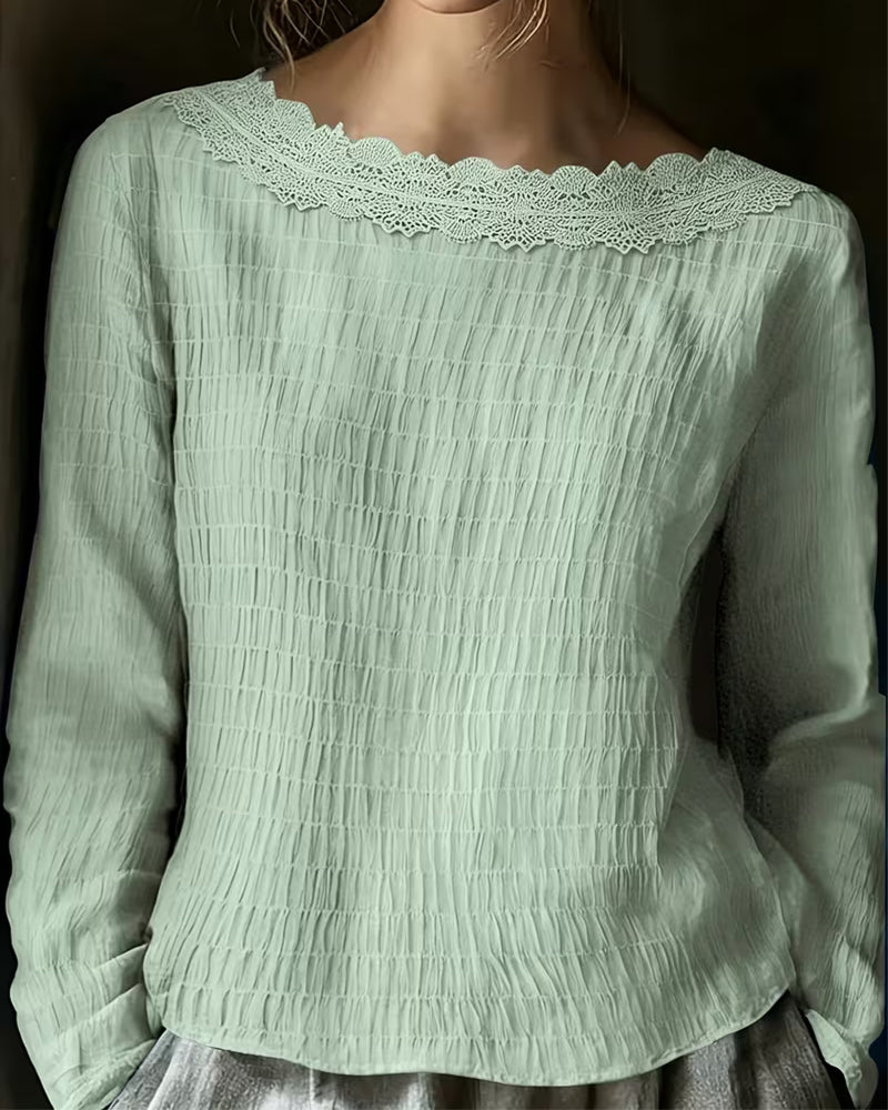 Bluse Rund Hals Rynket Blonde Panel Solid