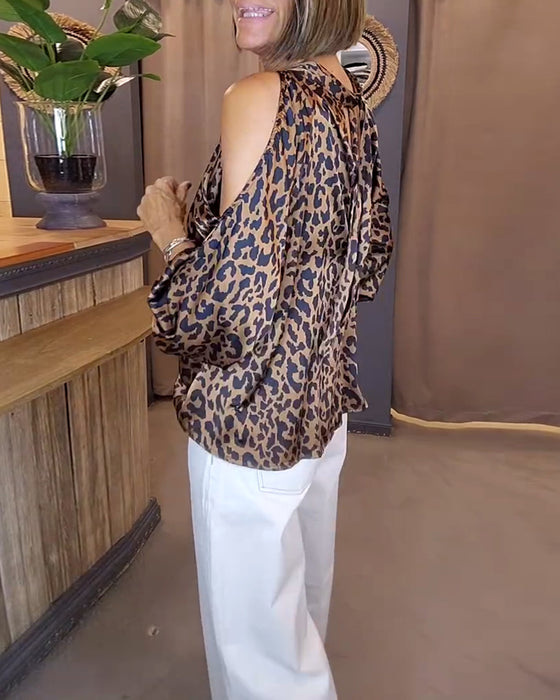 Bluse Med Bånd Over Skuldrene Leopardprint