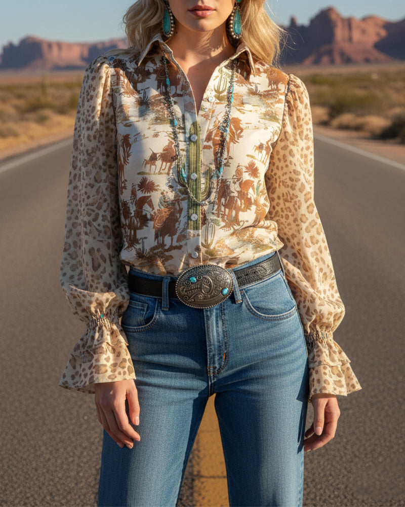 Skjorte Krave Vintage Tryk Puf Ærme