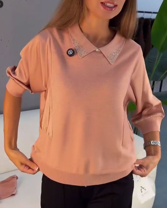 Pullover Revers Albuelang Ærme Strikket Elegant