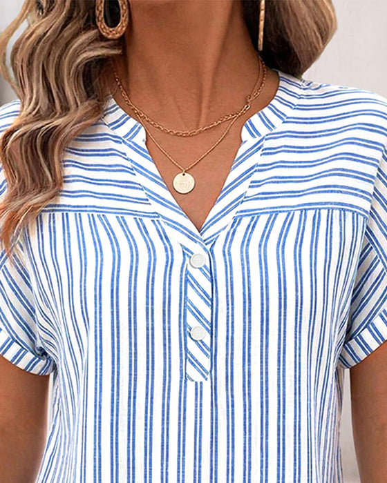 Bluse Stribe V-Hals Knap Patchwork
