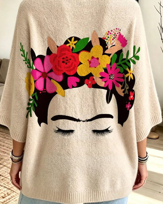 Loose Fit Ansigt Blomstret Tryk Pullover