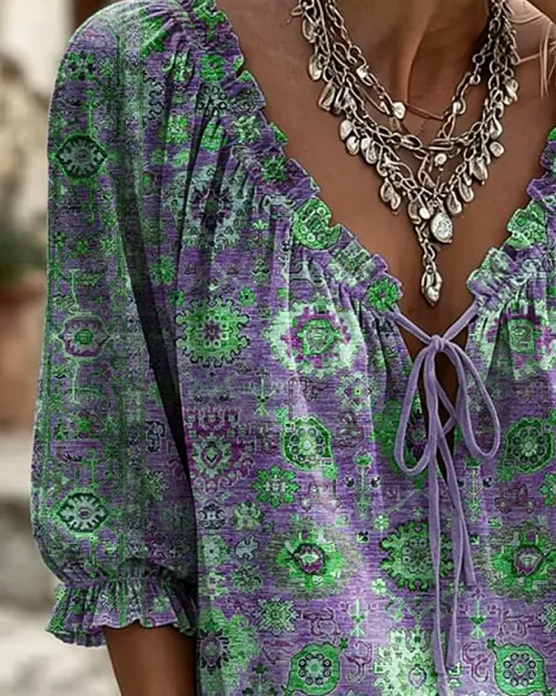 Bluse V-Hals Bindebånd Vintage Tryk