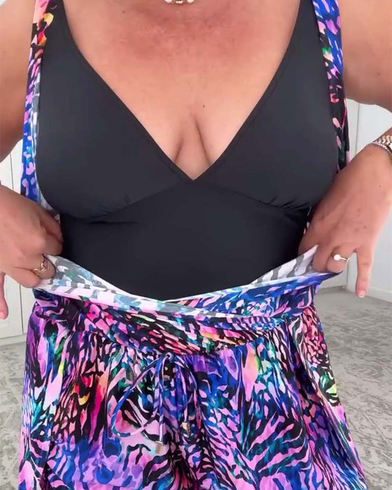 Badedragt V-hals Farverigt Tryk Én Del