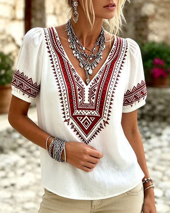 Bluse V-Hals Bohemian Bobble Ærme