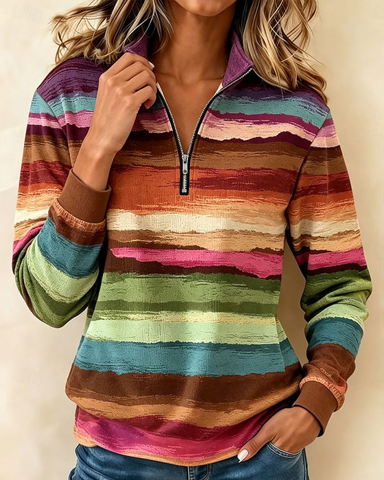 Sweatshirt Vintage Farverig Stribet Halv Lynlås Stående Krave Lang Ærme