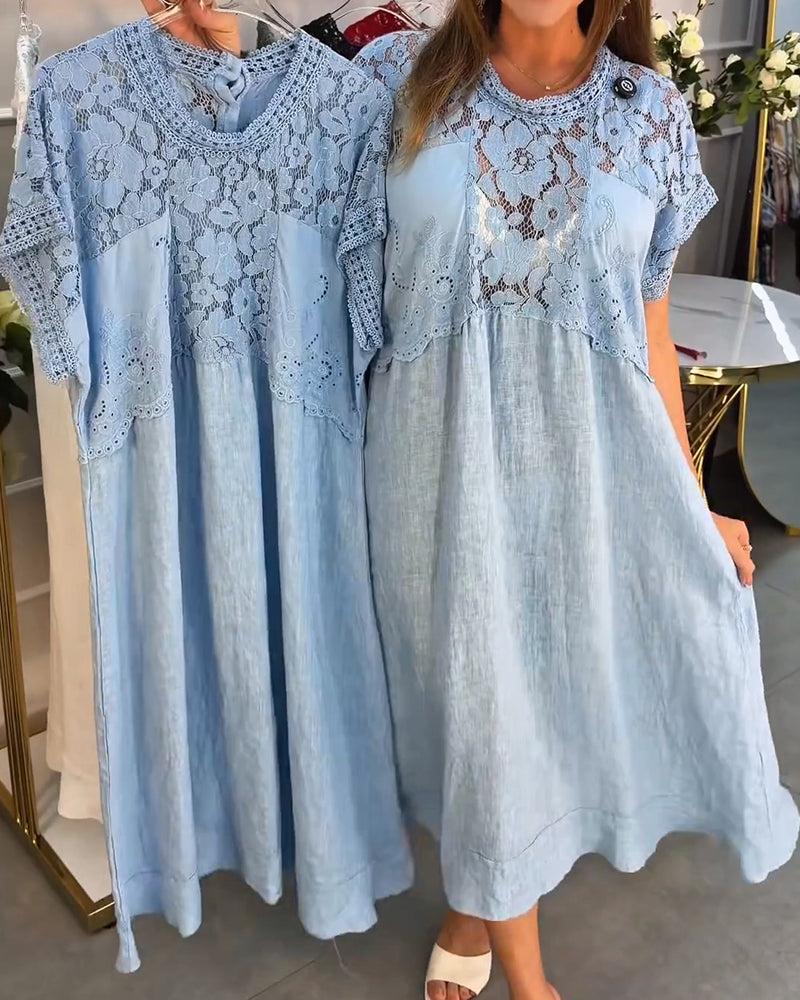 Kjole Elegant Blondekant Patchwork Maxi