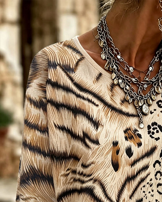 Bluse Rundhalset Leopard Lang Ærme