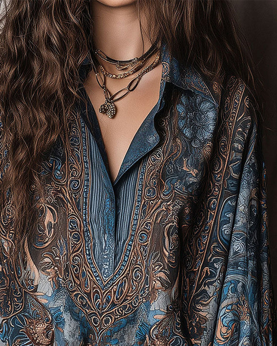 Bluse Retro Tryk V-hals Opslag Sofistikeret