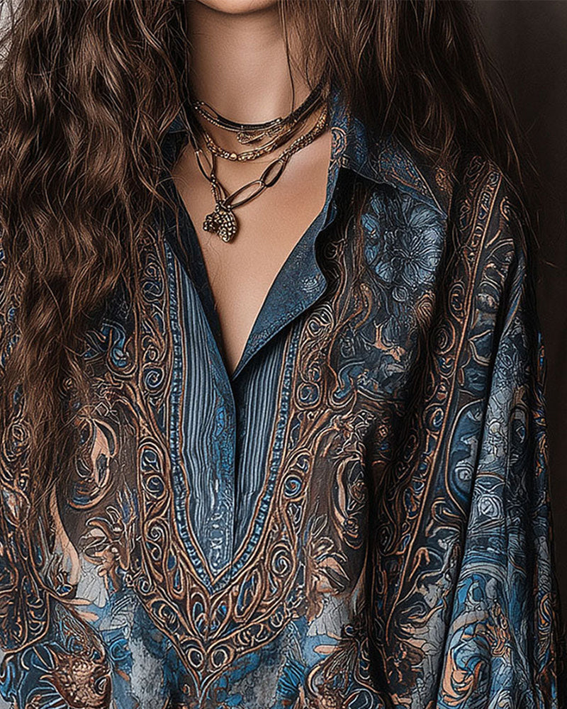 Bluse Retro Tryk V-hals Opslag Sofistikeret