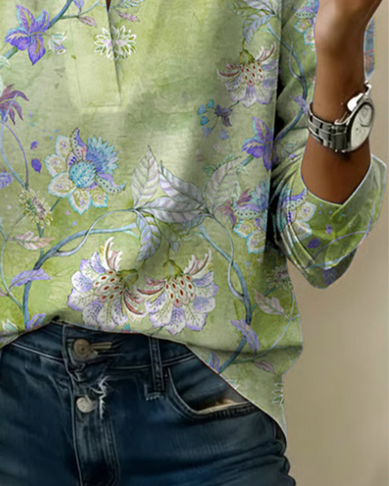 Bluse Stående Krave Langærmet Blomstret