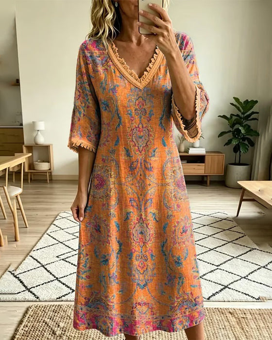 Kjole Vintage V-Udskæring Blomstret Tryk