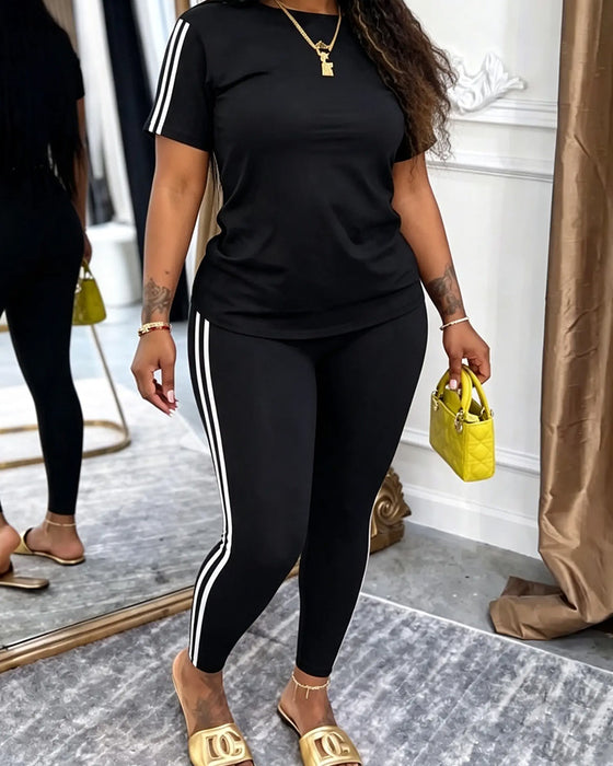 Sæt Stribet Kortærmet Lange Sweatpants