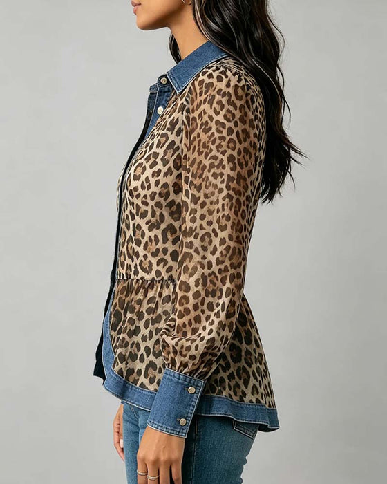 Bluse Denim Leopard Patchwork Taljeret
