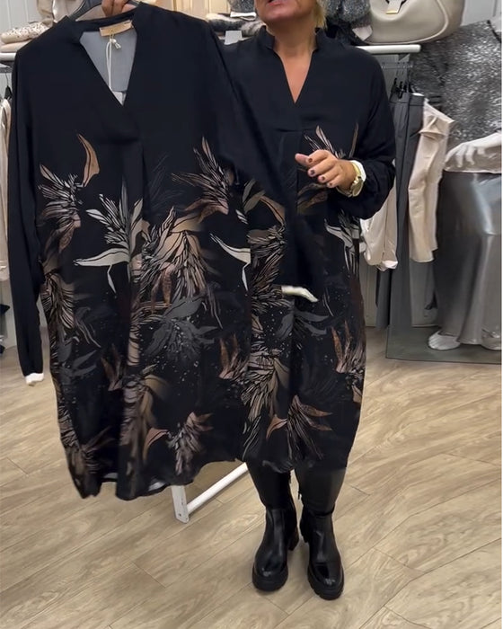 Kjole V-hals Blad Print Langærmet