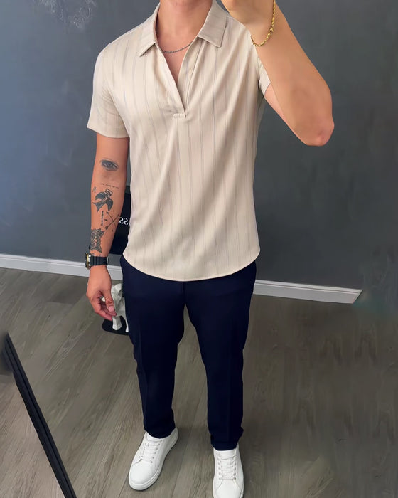 Herre-Ribbet Afslappet T-Shirt Med Polokrave