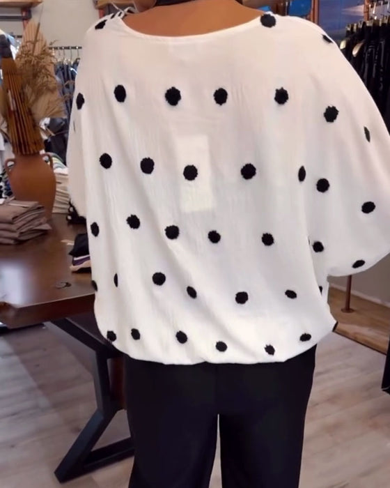 Bluse V-hals Polka Dot Løs