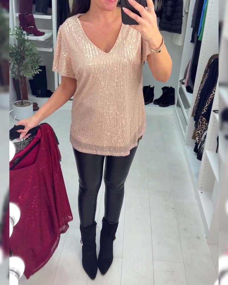 Bluse Med V-Hals Og Korte Ærmer