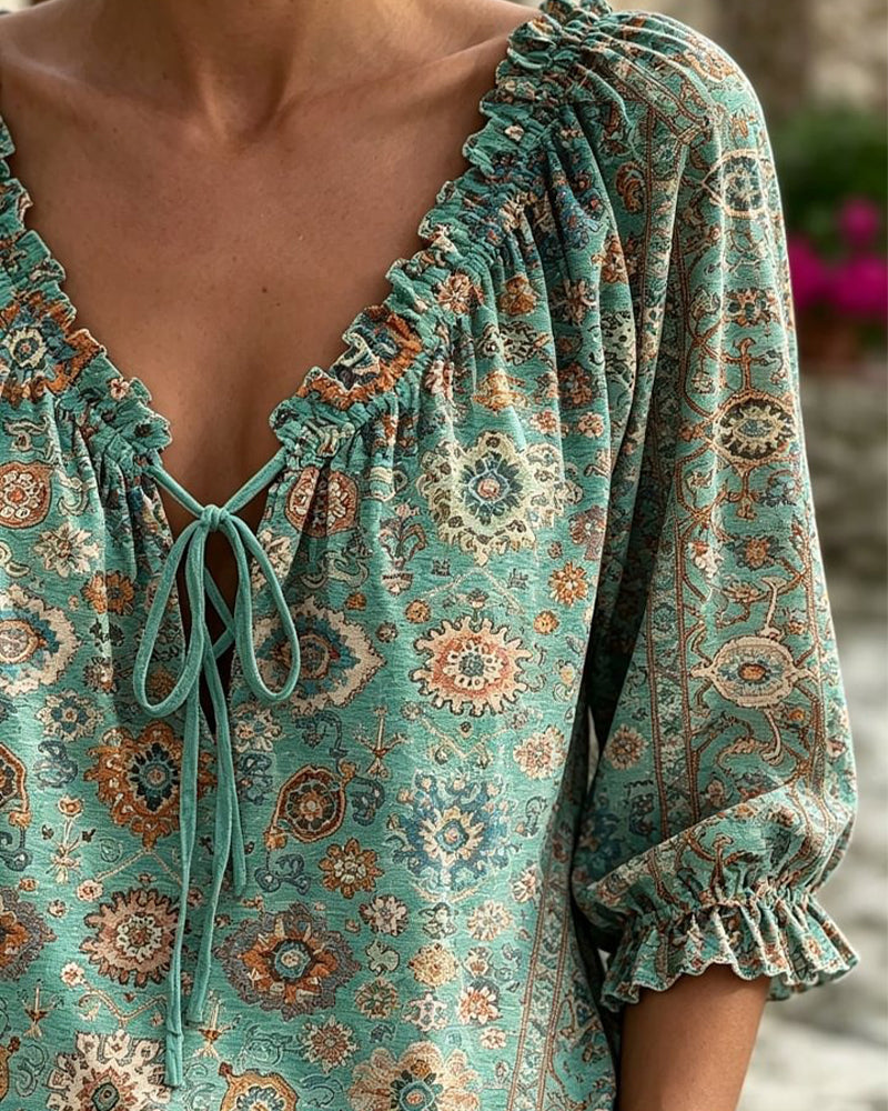 Bluse V-Hals Bindebånd Vintage Tryk