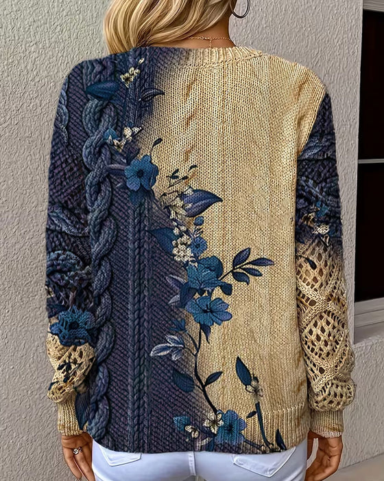 Pullover Gradient Farveblok Blomstret V-Hals Udskæring