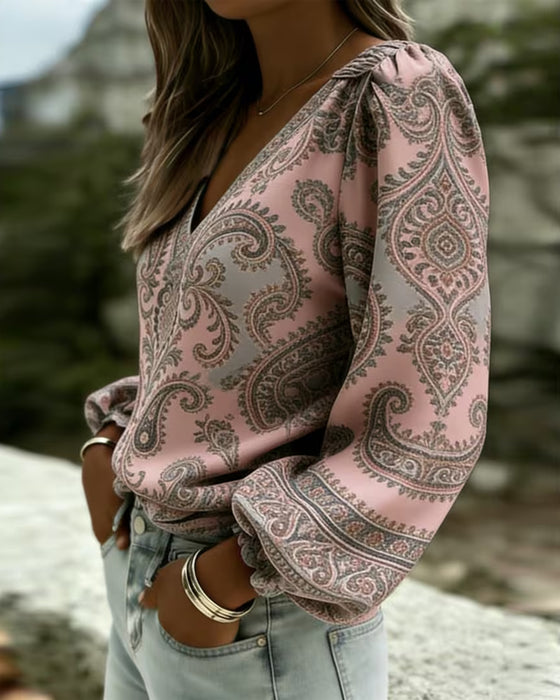 Bluse Paisley Mønster V-Hals Lanterne Ærme