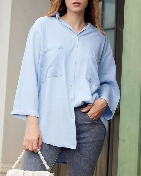 Skjorte Krave Lomme Knapning Denim