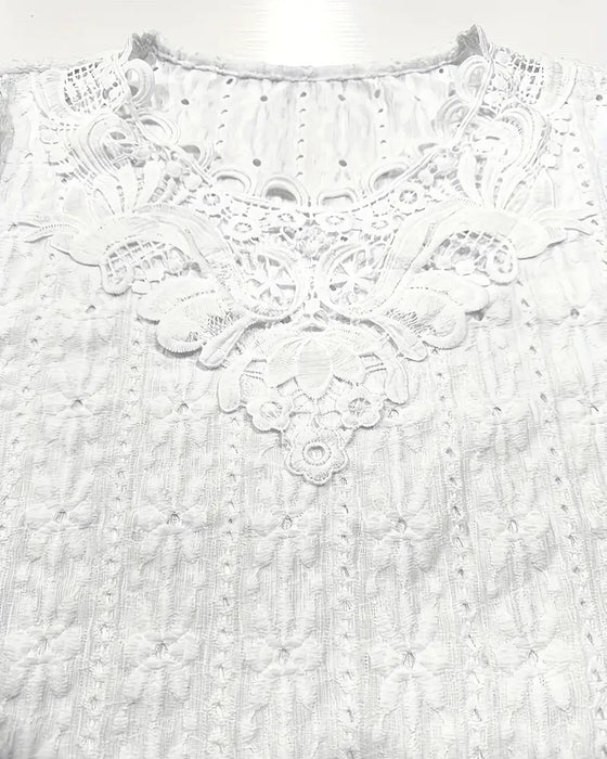 Bluse Rund Hals Blonde Hæklet Korte Ærmer