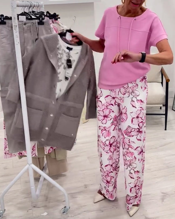 T-Shirt Rund Hals Snøre Ensfarvet Kortærmet