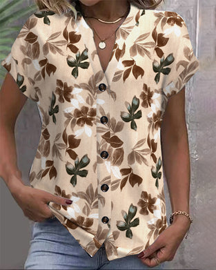 Bluse Ståkrave Kort Ærme Trykt